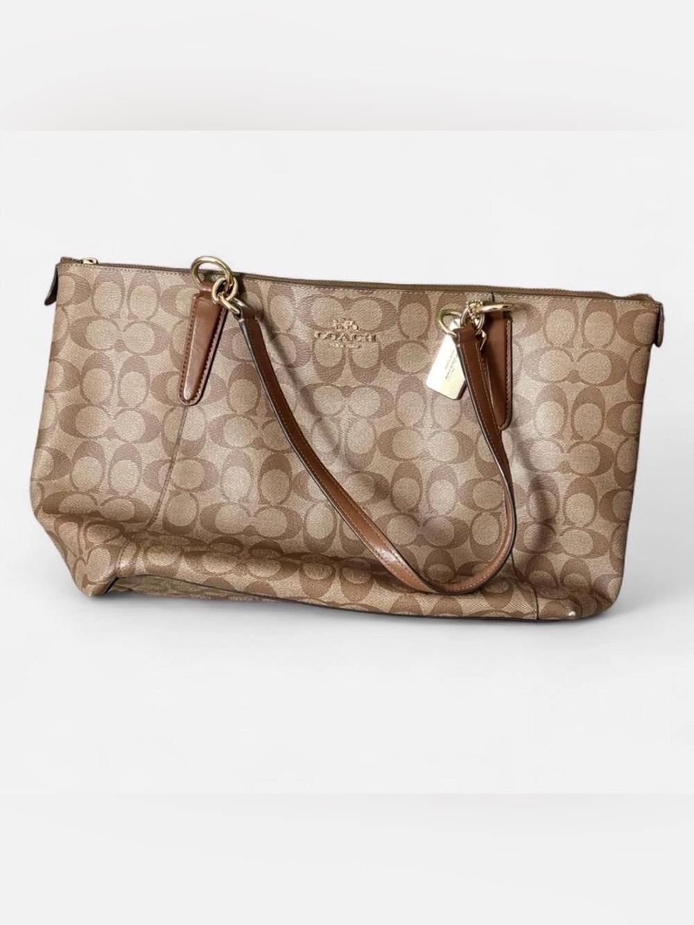 Coach Tan Signature Canvas Shoulder Bag with Brown Leather Trim